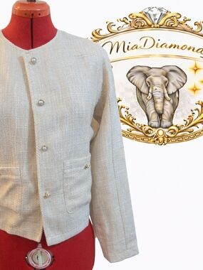 Miki Ivory Tweed Collarless Pearl-Button Jacket